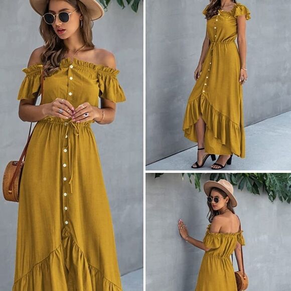 NWT KIRUNDO Summer Women’s Off Shoulder Maxi Dress Short Sleeves High Low Hem - Picture 3 of 5